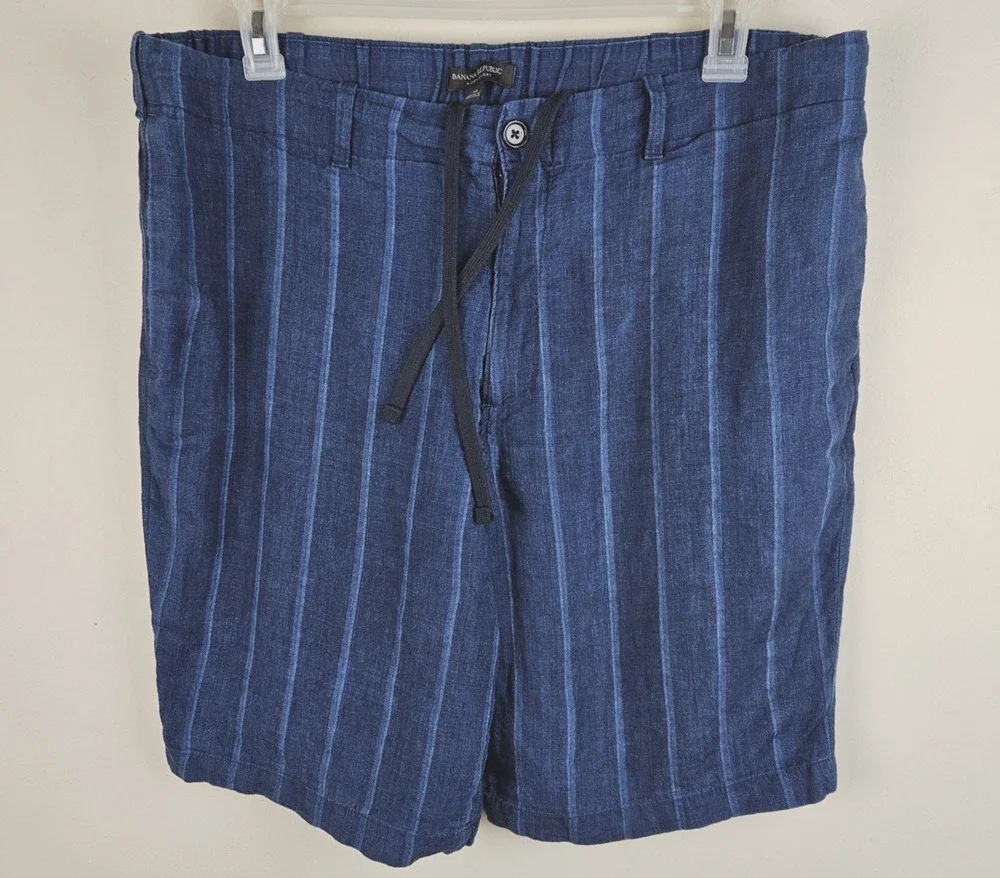 Banana Republic Mens 38 Blue 100% Linen Aiden Shorts striped Drawstring
